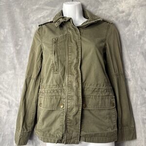 Love Tree Women's Small Army Green Cotton Jacket Pockets Full Zip Snaps Flaws